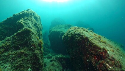 Fototapeta premium Underwater rocks, sunlight, teal water