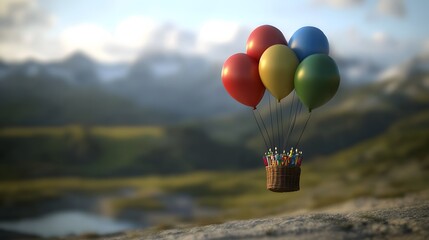 Colorful Balloons Hot Air Balloon with Candles Basket Mountain Landscape