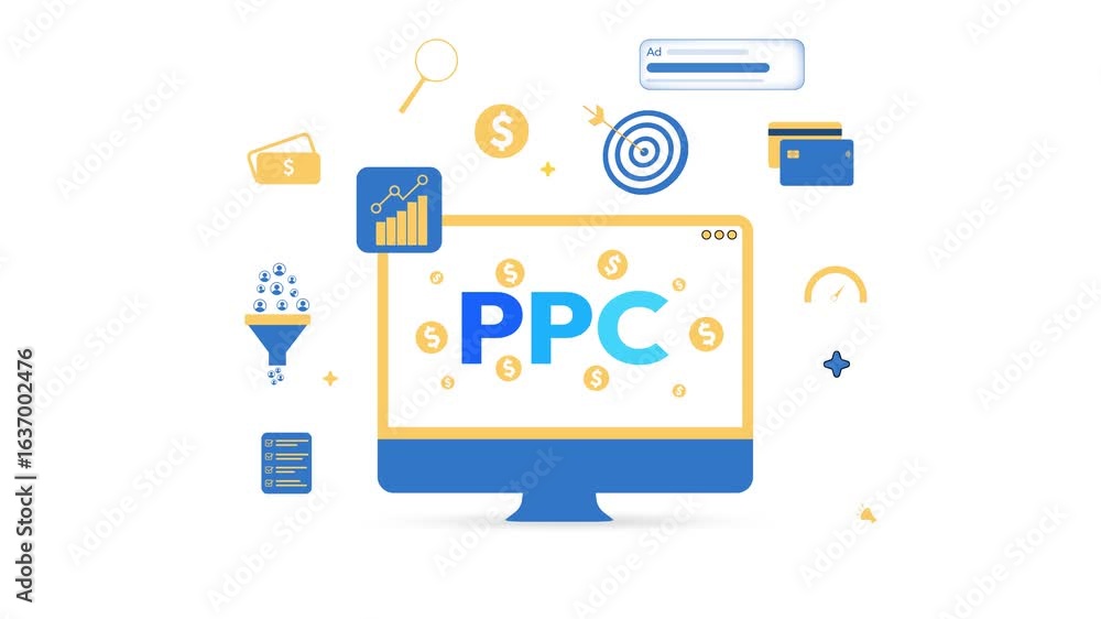 Poster pay per click advertisement, infographics 4k animation with floating shapes around the screen.