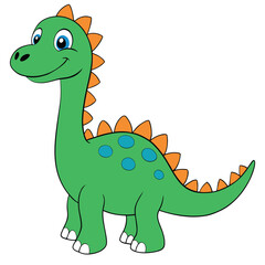 Obraz premium Cute green cartoon dinosaur with orange spikes and blue spots isolated on white background