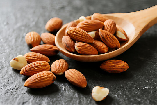 Almonds in a wooden spoon on a dark surface. A tasty shot of healthy snack. Nutrient-rich, superfood, vegetarian diet.