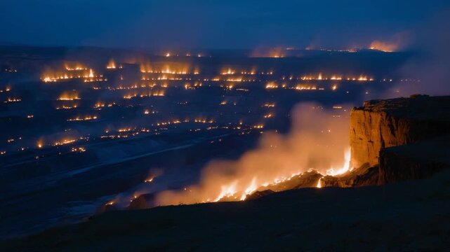 Evening light highlights the eerie glow of a coal mine fire, contrasting embers with a murky sky, emphasizing environmental impacts.
