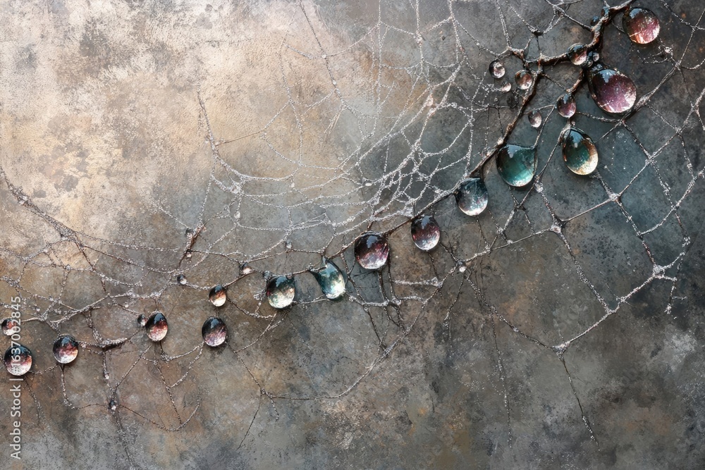 Wall mural dew drops delicately cling to a spider's intricate web against a weathered and textured background, 