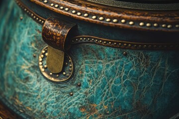 Close-up of weathered turquoise leather luggage with brass accents, showcasing vintage texture and ornate detailing in muted lighting.