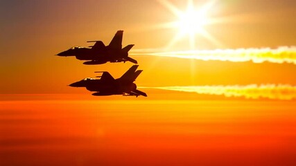 Two F-16 jets fly in perfect silhouette formation at golden hour.
- Powered by Adobe