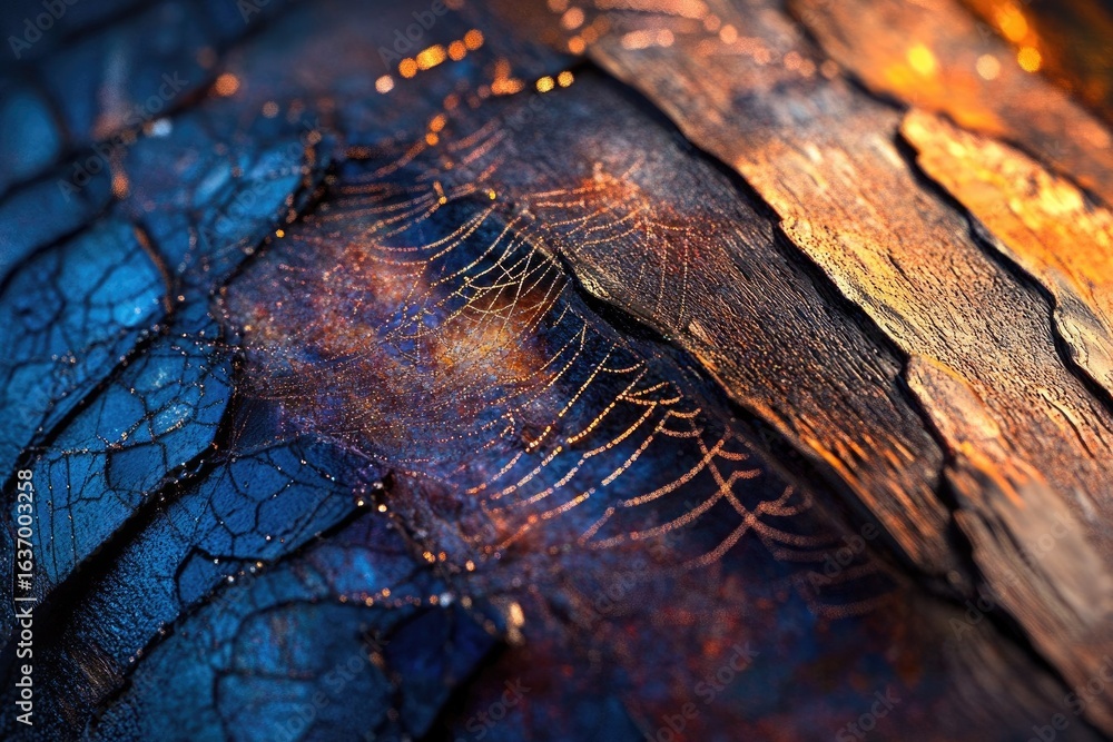 Aufkleber abstract macro of vibrant blue, orange, and brown bark with intricate spiderweb patterns dusted with