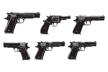 Collection of Six Black Silhouette Handguns and Revolvers on White Background pistol firearm