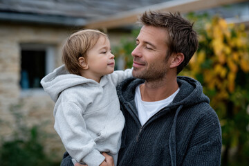 Fototapeta premium In this touching image, a father lovingly holds his child, showcasing a tender moment filled with affection, trust, and the unwavering bond between parent and child in a serene setting.