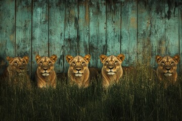 A regal lineup of five lionesses, perched amidst tall grass against a distressed turquoise wooden backdrop.