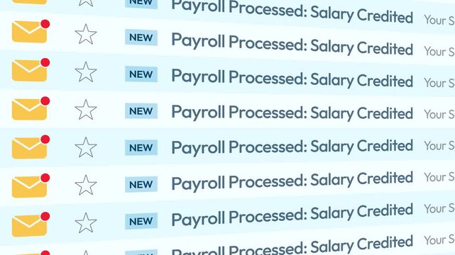 Salary crediting into account with payroll processing email close up on the screen 4k animation. Job, business, income.