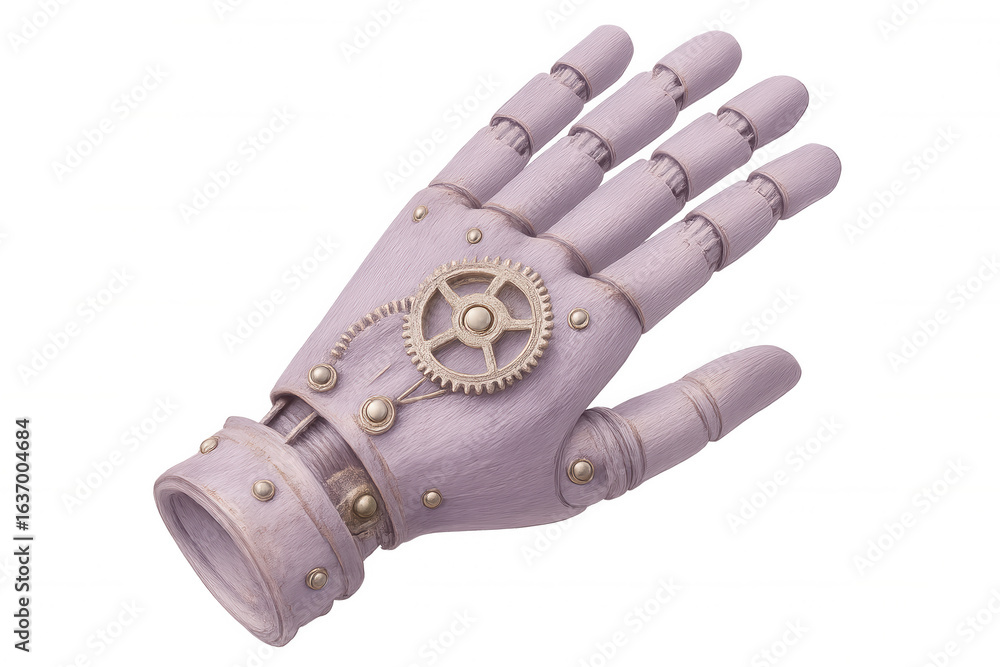 Poster 3d rendering of a purple wooden mechanical hand with visible gears and metallic components, showing 
