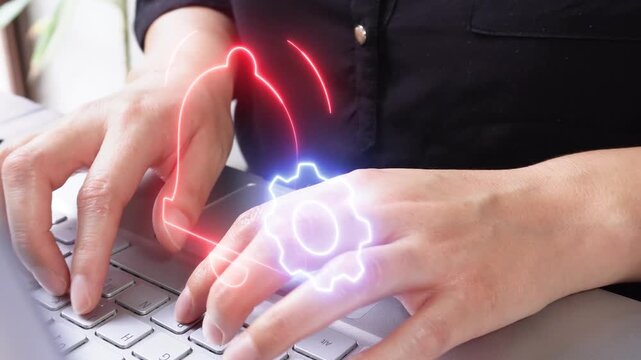 Alert and notification settings. Close-up of an executive typing on her laptop with a notification bell icon with a gear.