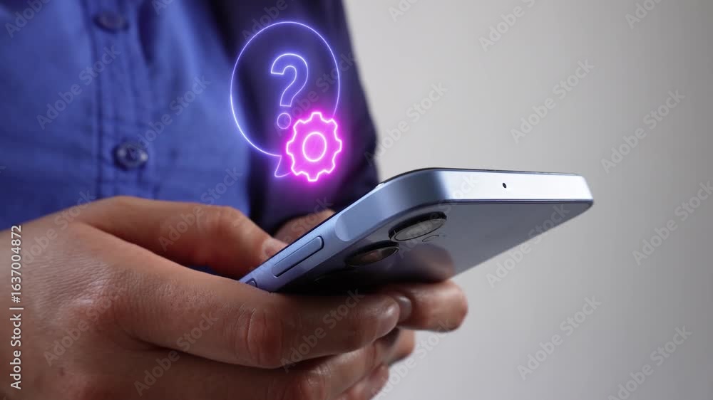 Poster business person with a smartphone and a virtual floating question mark icon with a gear. customer se