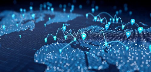 Abstract digital map of the world with pins or point markers on a global business technology background Generative AI