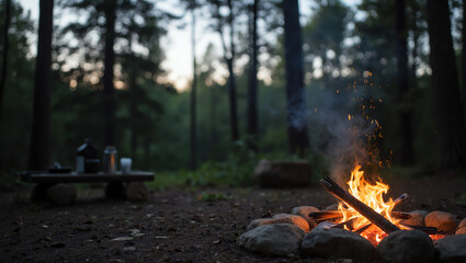 Cozy Campfire in Forest at Twilight &ndash; Outdoor Adventure Photography


