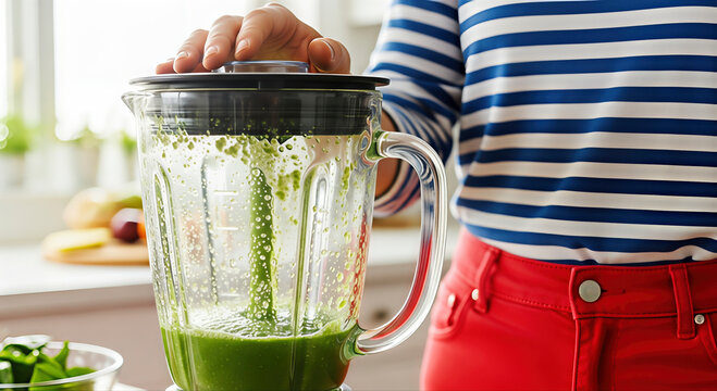 Woman prepares green smoothie in blender at home kitchen. Close up studio shot of food preparation and healthy lifestyle. Diet concept, organic nutrition, vegetarian.