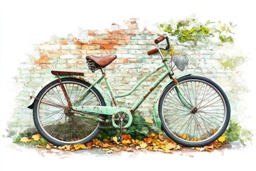 Fototapeta premium A vintage turquoise bicycle rests against a brick wall, surrounded by fallen leaves in a whimsical, watercolor-style illustration.