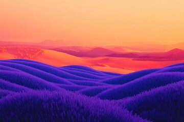 Fototapeta premium Vibrant purple hills roll beneath a dreamy orange sky, creating a serene and surreal landscape at dusk or dawn.