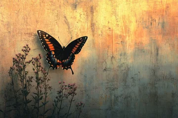 Fotobehang  A vibrant swallowtail butterfly rests near delicate wildflowers against a textured, sun-kissed wall.  © Canvas