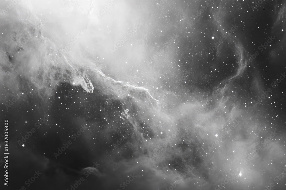 Poster a monochromatic image of a nebula in deep space, showcasing wispy clouds and countless stars in shad