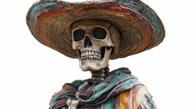 A skeletal figure dressed in a somber hat and attire, conveying a sense of mystery and intrigue