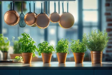 Indoor kitchen with hanging copper pots and various fresh herbs in terracotta pots lined up on a countertop against a blurred window.