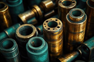 A close-up of various aged and weathered metal cylinders and couplings in golden and teal hues, revealing intricate details and industrial textures.