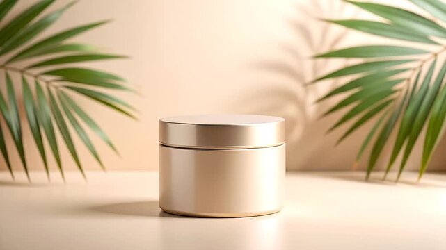 A minimalist product mockup, a cylindrical jar with a metallic lid, sits against a neutral background with palm fronds