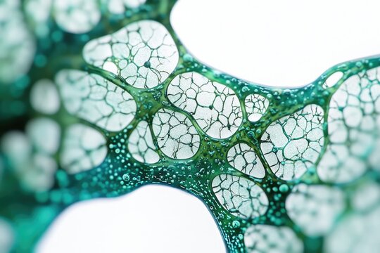 A macro view showing a web-like structure with greenish borders and white internal cells, creating a biomorphic design.