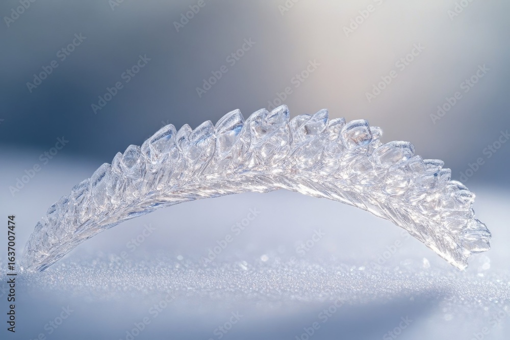 Aufkleber close-up of a frozen, crystalline structure resembling a feather arching on a snowy surface, illumin