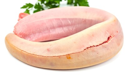 Raw, pale pink, curved piece of meat