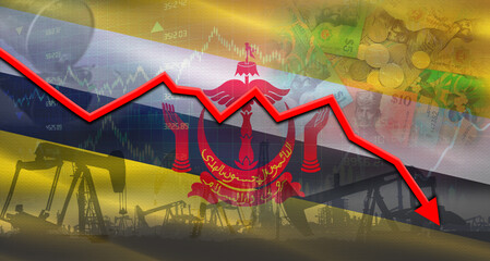Fall oil price with flag of Brunei on economic chart, Petrol crisis with Brunei flag on financial graph