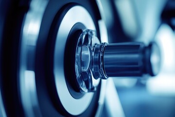 Fototapeta premium Close-up of a metal wheel with a central hub and axle, bathed in cool blue tones with shallow depth of field.