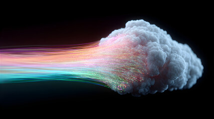 Abstract scene with cloud and colorful beams of light for cloud computing or data transfer concept. Visualization of modern technology.