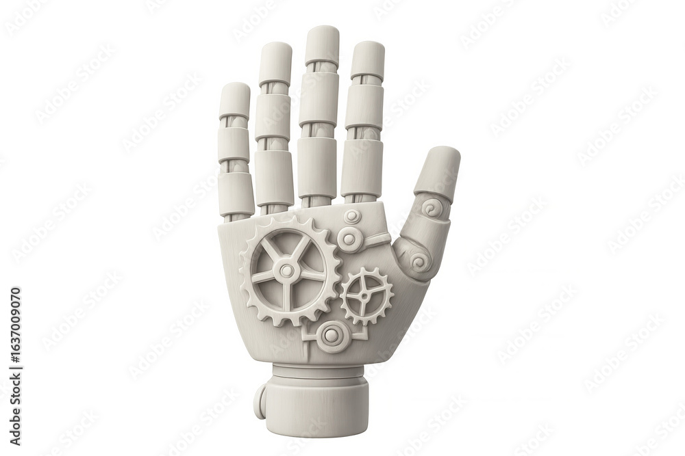 Aufkleber white robotic hand rendering displaying mechanical gears, fingers extended against transparent backd