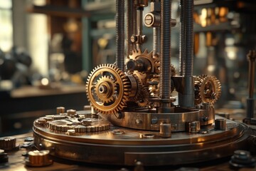 Intricate steampunk machine with brass gears, threaded rods, and detailed craftsmanship on a blurred workshop backdrop, showcasing mechanical complexity and vintage aesthetic.