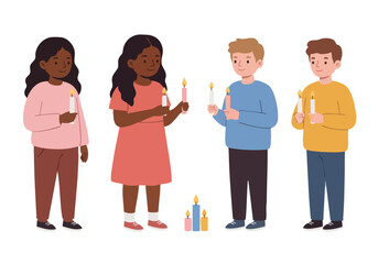 Fototapeta premium Illustration Vector of Children Holding Candles in Simple Flat Style Illustration With Warm Earthy Tones
