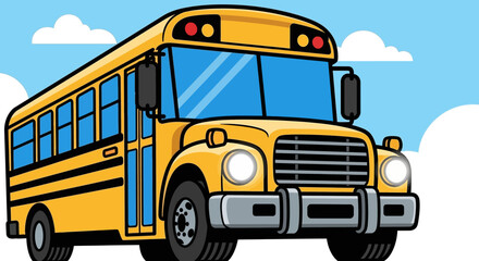 A bright yellow school bus with large windows and flashing lights is ready to pick up students for their educational journey on a clear day with fluffy clouds in the background