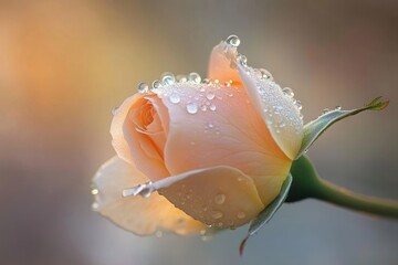 A soft peach rose unfurls, its petals adorned with shimmering water droplets in a gentle, blurred light.