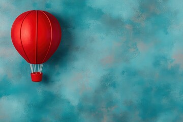 Obraz premium Watercolor painting of red hot air balloon flying across blue sky with clouds, copy space 