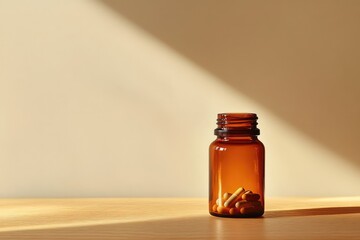 Amber bottle filled with capsules on wooden table with a shadow, in a warm, minimalist setting.