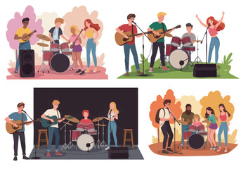 Obraz premium Band Illustration Vector with Musicians Playing Music Instruments in Colorful Flat Style