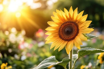 Fototapeta premium A radiant sunflower blooms in the golden sunlight, with vibrant yellow petals against a backdrop of lush greenery and blurred flowers.