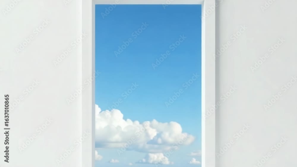 Poster a person is standing in front of an open window with a beautiful view of a blue sky