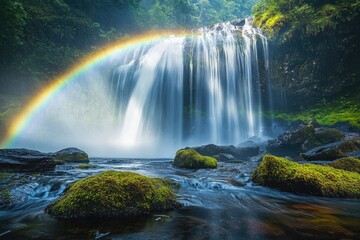 A majestic waterfall cascades into a stream amidst lush greenery, adorned with a vibrant rainbow across the sky.