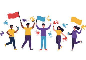 Illustration Vector of Cheerful People Holding Flags with Colorful Paint Splatters Modern Style