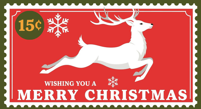 Vintage Christmas Postage Stamp Featuring a Leaping White Reindeer and Festive Snowflakes Wishing You a Merry Christmas with a 15 Cent Value and Ornate Green Border