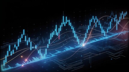 futuristic stock market chart with glowing blue candlesticks, digital trading data visualization, financial analytics graph with neon lines on dark background