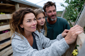 A mother and father with their daughter explore a garden, showcasing family togetherness, discovery, and the beauty of nature, illustrating joy in simple moments.