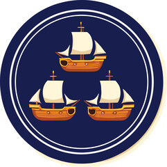 Three Sailing Ships Emblem on Blue Background